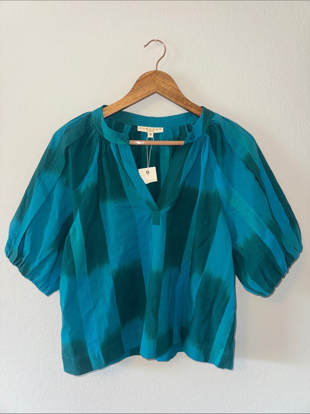 NWT Medium Laroque 148 New York Teal Stripe Puff-Sleeve Blouse 100% Cotton